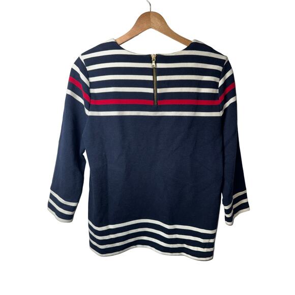 Talbots Women’s Top Large Navy Red White Striped Nautical 3/4 Sleeve Back Zip - Picture 2 of 4